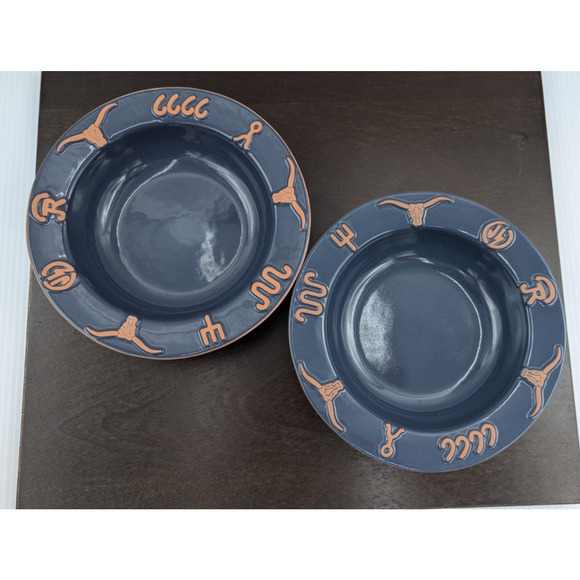 Frankoma Pottery Ranch Navy Blue Rim Soup Bowl set of 2 Cattle Brands 7-3/4" - Picture 1 of 8